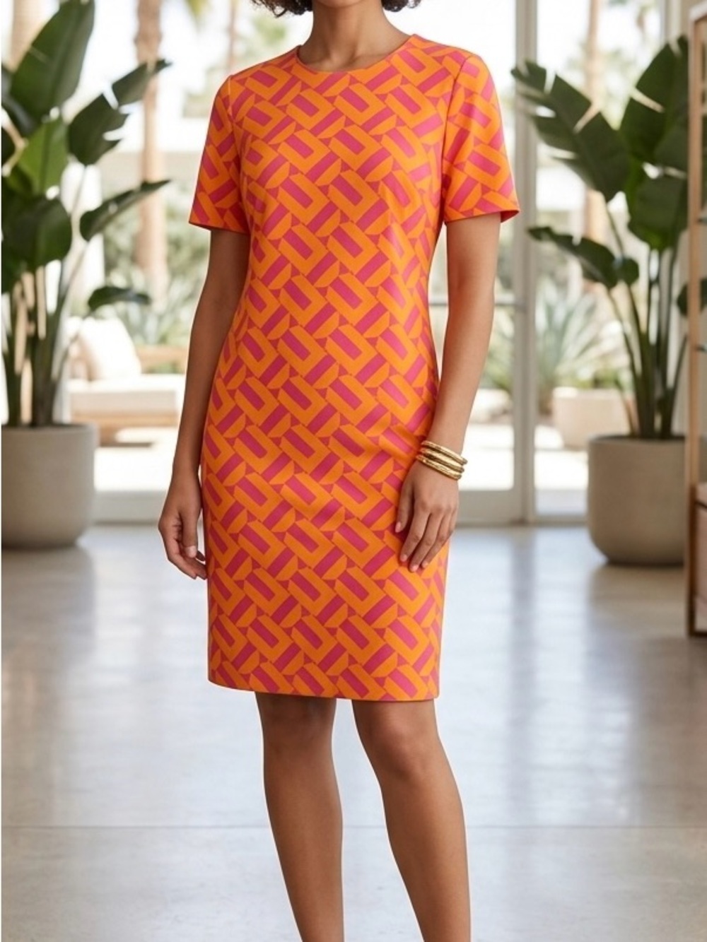 Trina Turk Leko Shift Dress XL NWT Orange Pink Geometric Mod Knit Short Sleeve